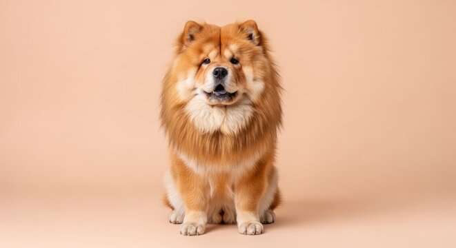 Friendly chow chow dog with fluffy coat sitting on pastel background. This adorable chow chow showcases its thick fur and unique facial features, bringing joy and warmth to any pet lover.