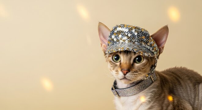 Stylish cat wearing sequined hat and harness with playful expression, showcasing unique personality. Adorable cat model with glamorous accessories captivates attention in pet photography.