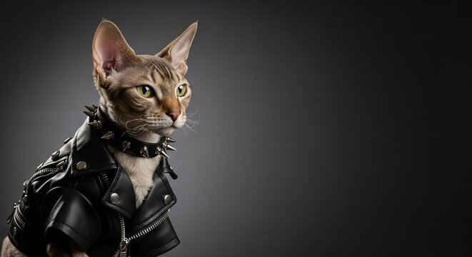 Stylish cat in leather jacket with spiked collar posing confidently against dark background. Unique cat outfit showcases goth-inspired fashion statement.