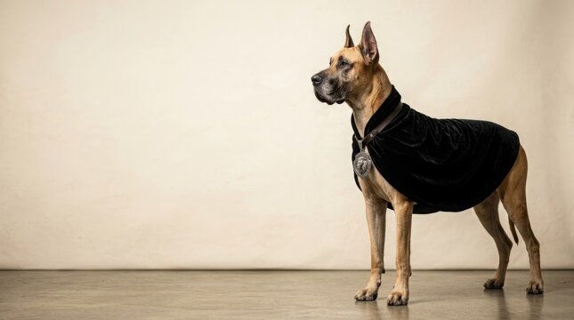 Dog in stylish black cape standing elegantly against plain wall. Canine model poses with confidence wearing fashionable attire, showcasing unique personality traits.