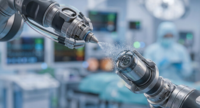 Advanced robotic medical arms performing precision surgical procedure with spray tool in clean modern operating room setting.
