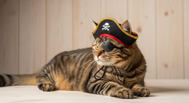 Playful cat dressed as pirate with eye patch and hat lounging on wooden surface. Charming pirate cat showcases playful personality, fitting for animal lovers and social media posts.