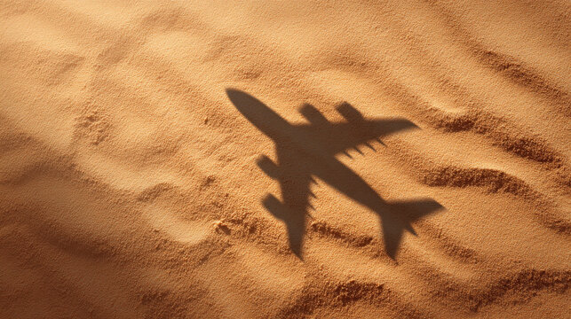 Airplane shadow cast on desert sand surface. Silhouette of aircraft on dunes during bright sunny day. Concept of air travel, tourism, vacation trip, adventure and exploration.