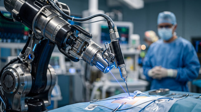 Advanced robotic surgical system performing precise medical procedure in modern operating room with surgeon in background.