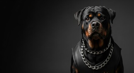 Fototapeta premium Rottweiler dog with leather vest and chain collar against dark background. Rottweiler presents strong demeanor and confident posture, showcasing breed characteristics and attitude.
