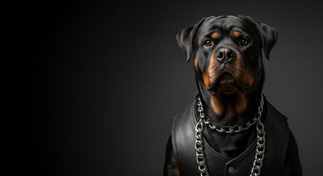Rottweiler dog wearing leather jacket and chain necklace, showcasing confident pose against dark background. Stylish Rottweiler embodies bold character and unique personality.