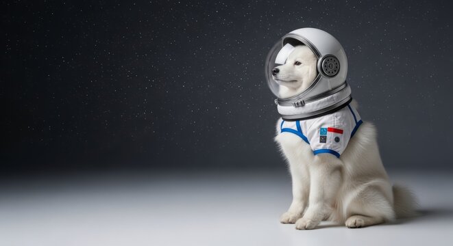 Astronaut dog in space helmet and suit sitting on light background. Cute dog wears astronaut costume, looking eager for adventure. Concept astronaut dog represents exploration and creativity.