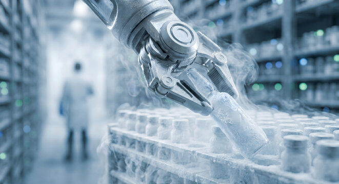 Automated mechanical robotic arm moving cold medicine ampoule inside cryogenic storage lab with frosty smoke environment.
