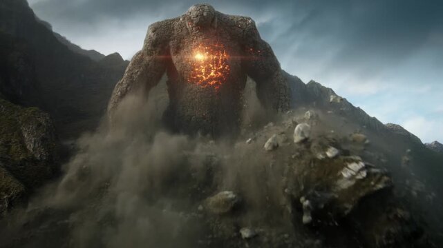 Tracking dolly shot of mountain colossus emerging and rising while breaking rocky slope with glowing ember core on remote highland ridgeline in stormy twilight