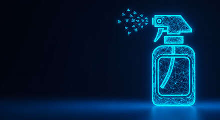 Fototapeta premium A glowing neon blue spray bottle with mist particles on a dark background, showcasing a modern, futuristic design.