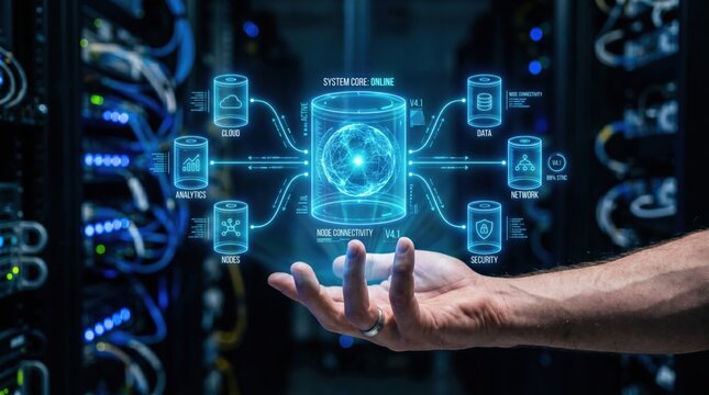 Man holding glowing holographic database icons showing data integration process. Concept of warehouse pipeline, storage migration, and system mapping network.