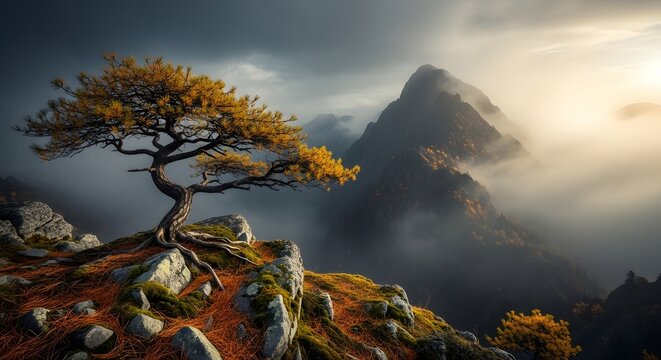 Lone pine on rocky cliff with mountain vista and dramatic sky