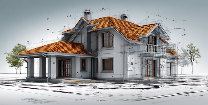 A conceptual architectural rendering of a modern house, showcasing a blueprint overlay with construction lines and measurements. The house features a warm.