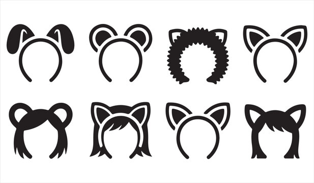 Cute animal ear headband icon set with cosplay costume accessories