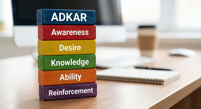 Adkar model for change management illustration with colorful wooden blocks stacked on top of each other on modern office desk at workplace.