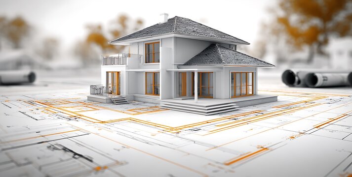 A 3D rendering of a modern house blueprint, showcasing architectural design and planning process. The detailed plans show the layout and structure of the building.