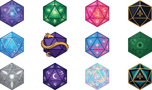 Fantasy Polyhedral D20 Dice Icon Set with Magic Runes Dragons and Cosmic Patterns for Tabletop RPG Gaming Designs