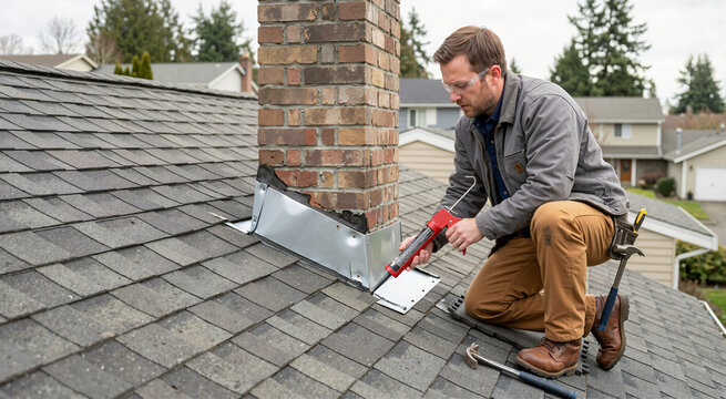Roofer applying sealant to chimney flashing with a caulking gun. Man kneeling on a shingle roof fixing a leak. Exterior home maintenance and roofing repair concept