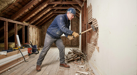 Fototapeta premium Construction worker demolishing lath and plaster wall with sledgehammer. Male builder in hard hat breaking attic wall during home renovation