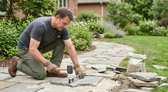 Male landscaper building a flagstone garden path. Worker using a spirit level and rubber mallet to lay irregular paving stones on a sand base