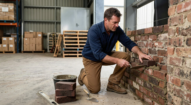 Male builder laying bricks in a warehouse. Construction worker building a brick wall indoors