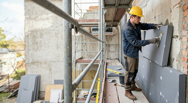 Builder installing thermal insulation boards on building facade. Construction worker on scaffolding applying adhesive to polystyrene sheet