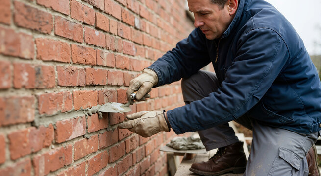 Male bricklayer pressing mortar between red bricks with a trowel. Skilled worker repairing exterior brick wall outdoors. Home improvement and masonry concept