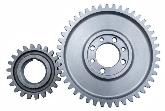 Two Interlocking Silver Metal Gears Representing Engineering and Industrial Machinery