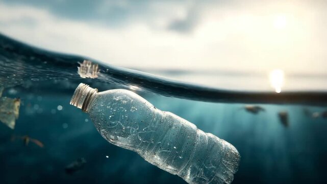 Plastic water bottle floats on the surface of the ocean, surrounded by debris, with sunlight filtering through the water creating a serene yet polluted underwater scene
