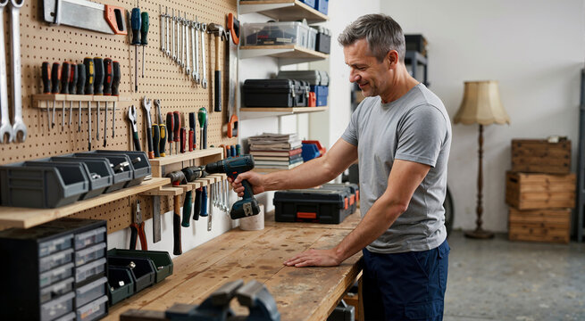 Smiling man organizing power tools on a pegboard in a garage workshop. Handyman placing a cordless drill into a custom wooden storage rack above a workbench