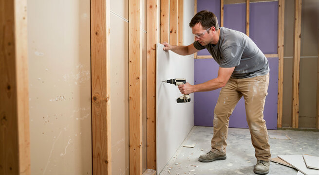 Contractor attaching a drywall panel to wooden wall studs using a cordless drill. Man installing sheetrock in an unfinished room. Interior construction and home remodeling concept
