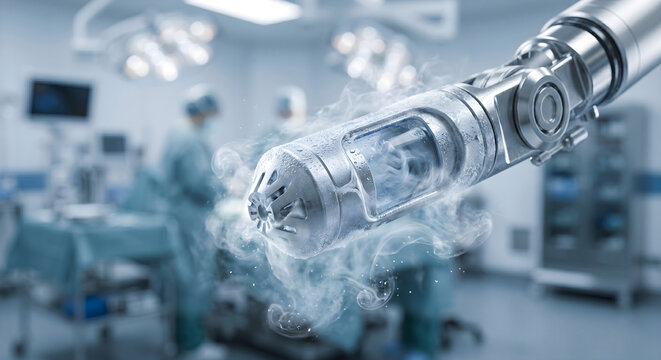 Medical cryosurgery robotic tool emitting cold vapor during surgical procedure in high tech operating room ward.