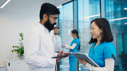 Obraz premium Bearded male doctor with tablet discussing patient notes with Asian female nurse holding clipboard in hospital office, medical team collaborating in background near windows. Multiethnic coworkers.