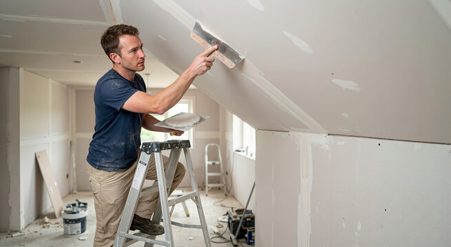Man standing on stepladder plastering angled ceiling joints with a taping knife. Male contractor finishing drywall in a room under construction. Home interior renovation