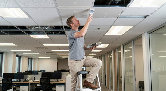 Male maintenance worker standing on a ladder and applying joint compound to an office ceiling. Handyman fixing drywall with a putty knife in a modern workplace. Commercial building renovation