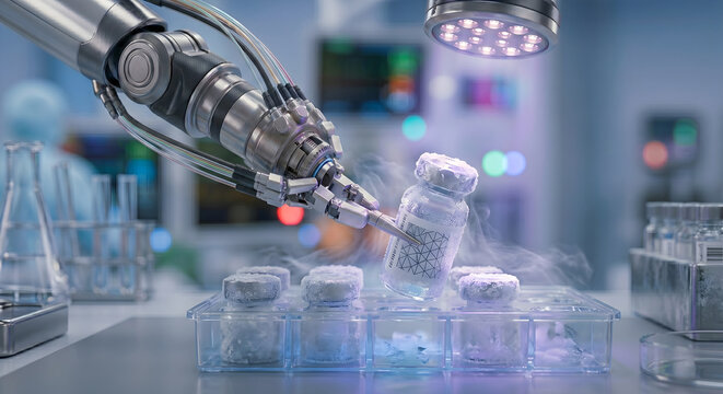 Robot manipulator arm handling frozen medicine vial in pharmaceutical laboratory under bright surgical light source.