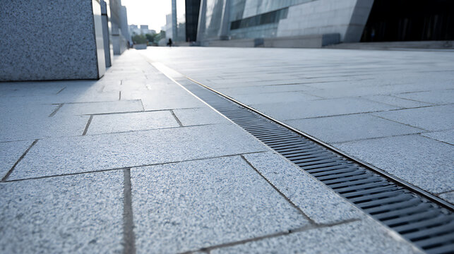 Modern Urban Pavement with Linear Drain and Contemporary Building in Background, Low Angle View, Daytime Cityscape