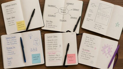 Naklejka premium Brainstorming session with open notebooks and pens on a wooden table demonstrating project planning and creative ideas