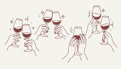 Elegant hands toasting red wine glasses in a celebratory minimalist line art style © Lamisa