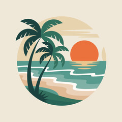 Tropical island sunset illustration featuring palm trees on a sandy beach with retro minimalist flat design aesthetics for vacation travel and summer holiday themes © Alishba