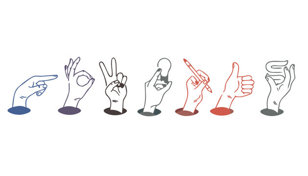 Diverse hands forming symbols for communication ideas and approval against a clean background