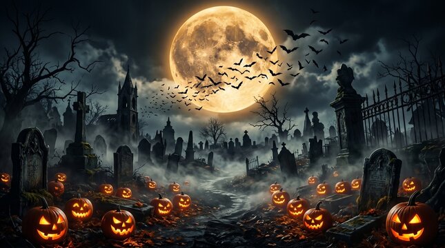 Spooky halloween poster background graveyard jack o' lanterns and full moon illustration