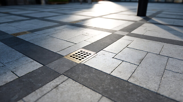 Modern urban square with light gray and dark gray pavement, a drain grate, and sunlight create a peaceful, geometric pattern