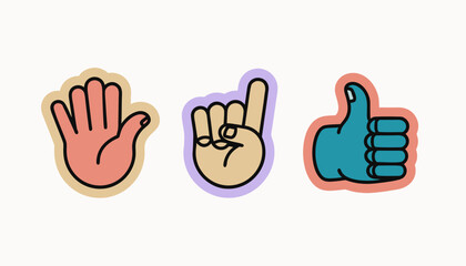 Fototapeta premium Three stylized hands showing stop one and thumbs up gestures against a light background