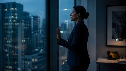 Fototapeta premium Businesswoman contemplating city skyline at dusk from office window with calm expression during twilight hour