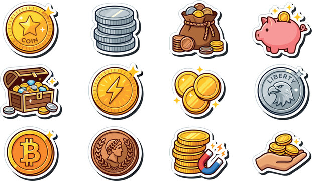 Money and Finance Sticker Set with Gold Coins Piggy Bank Treasure Chest and Crypto Currency Symbols for Business Designs