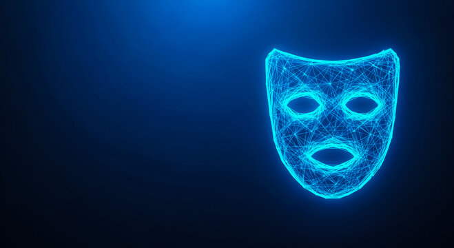 A futuristic wireframe mask with a glowing blue outline, set against a deep, dark background. The mask has an expressionless face design. Ideal for themes of technology, mystery, or digital art.