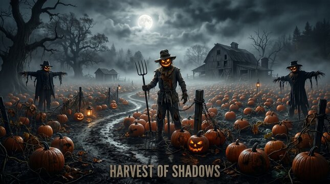 Spooky halloween poster background pumpkin patch with scarecrows and haunted barn