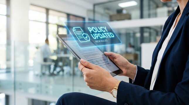 Business professional holding tablet with policy updated notification, Corporate compliance, new rules implementation, governance management, regulatory change, and digital documentation process.