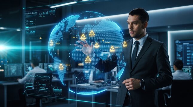 Corporate businessman interacting with digital hologram interface. Global earth map project international risk warning triangle icons for economic crisis analysis and trade war tension assessment.